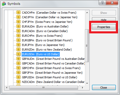 MT4 Properties selecting symbols