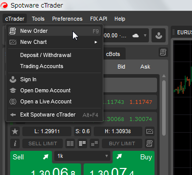 ctrader main menu new order how to