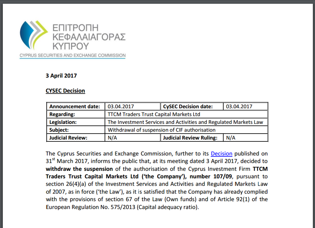 TradersTrust - Traders Trust's CySEC license gets withdrawn & Reactivated again