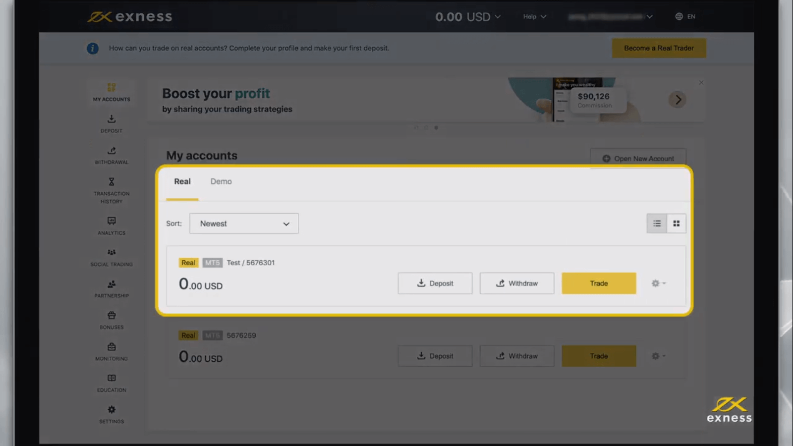 4. Il tuo nuovo conto di trading verrà visualizzato nella scheda I miei conti.